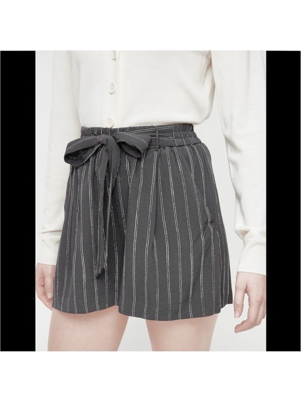 Aritzia Wilfred Georgette Striped Shorts Tie Waist Lined Crepe Grey Size Small